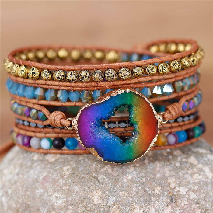 Natural Agate, Lava Stone & Rainbow Druzy Leather Wrap Bracelet