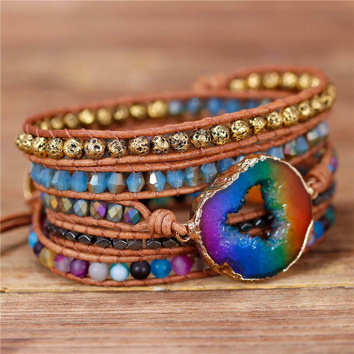 Natural Agate, Lava Stone & Rainbow Druzy Leather Wrap Bracelet