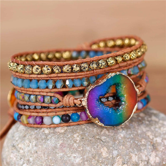 Natural Agate, Lava Stone & Rainbow Druzy Leather Wrap Bracelet