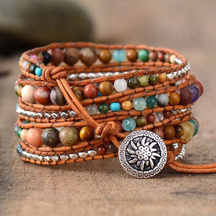 Natural Picasso Jasper & Agate Leather Wrap Bracelet