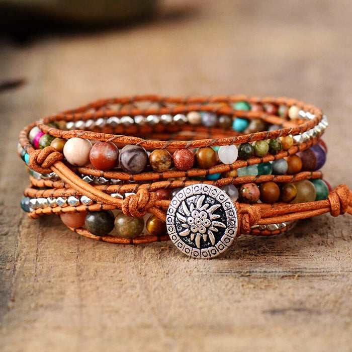 Natural Picasso Jasper & Agate Leather Wrap Bracelet