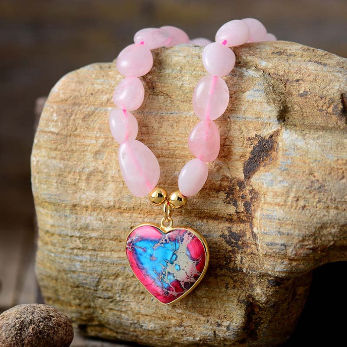 Natural Rose Quartz Beads & Jasper Heart Necklace