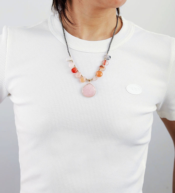 Natural Rose Quartz, Onyx and Hematite Necklace