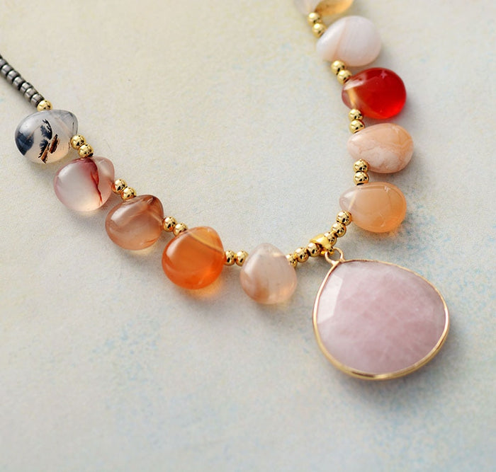 Natural Rose Quartz, Onyx and Hematite Necklace
