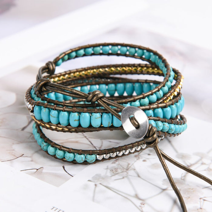 Natural Turquoise Jasper & Brass Beads Leather Wrap Bracelet