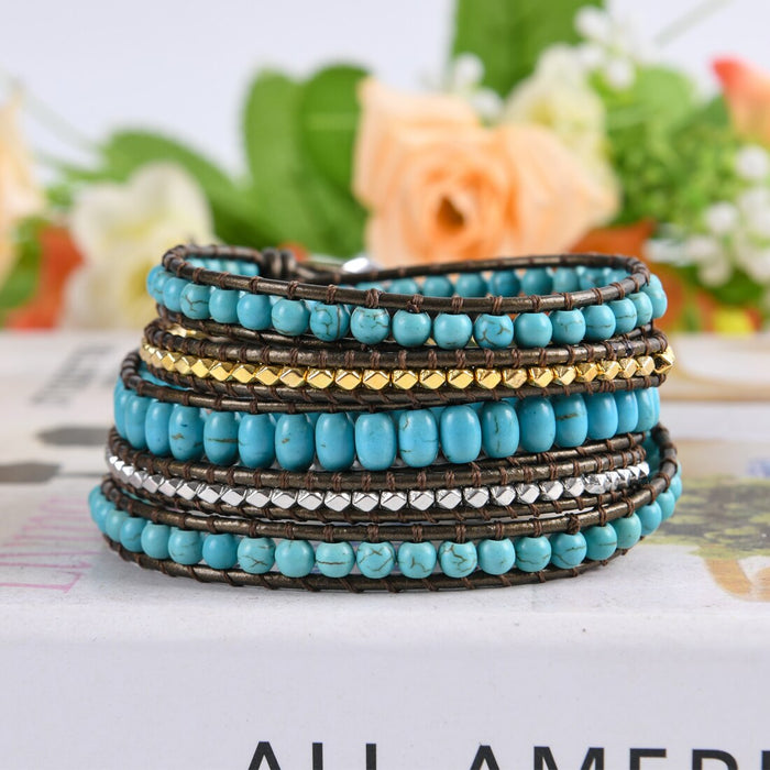 Natural Turquoise Jasper & Brass Beads Leather Wrap Bracelet