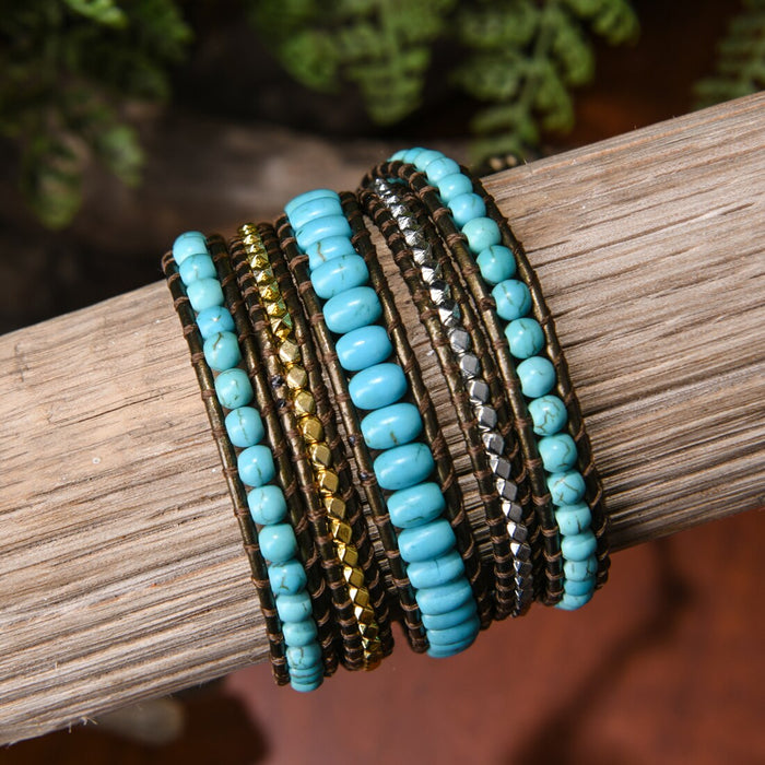 Natural Turquoise Jasper & Brass Beads Leather Wrap Bracelet