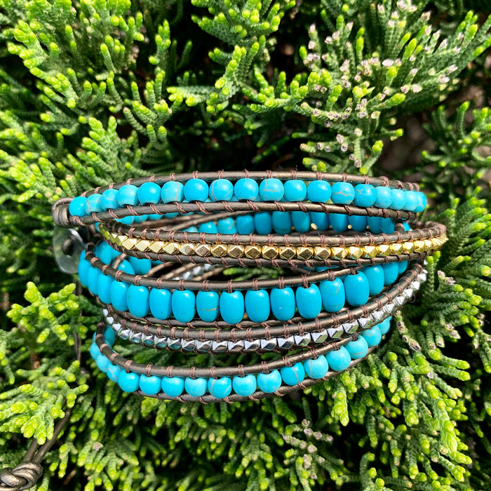 Natural Turquoise Jasper & Brass Beads Leather Wrap Bracelet
