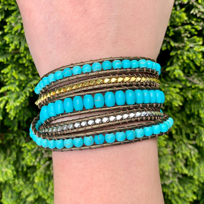 Natural Turquoise Jasper & Brass Beads Leather Wrap Bracelet