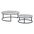 Nevada Round Nesting Coffee Table Set in White Marble features two tables with faux-marble tops and black metal frames, designed for space-saving and stylish, flexible living room arrangements.