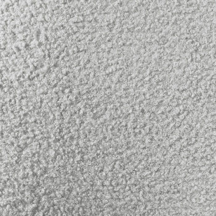Close-up of the Nikias Double Bouclé Fabric Bed Frame in Light Grey, showcasing its cloud-soft, looped bouclé texture, emphasizing the luxurious, cozy feel of the plush square-tufted headboard.