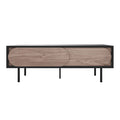 Novia 120cm Coffee Table with Sliding Doors in Black features a modern design with slim black metal legs and light-stained wood panels with elongated ovals, ideal for stylish living room storage.