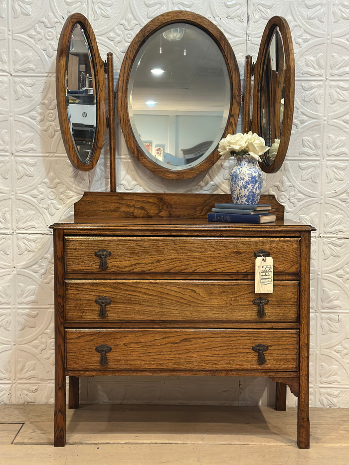 Oak Side Dressing Table with 3 tri fold mirror