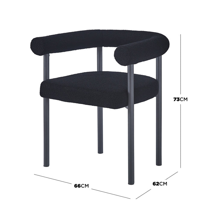 Ohio Curved Boucle Dining Chair Set of 2 in Black, featuring plush black boucle upholstery, curved backrest, low U-shaped armrests, and sleek tubular metal legs, perfect for modern dining spaces.
