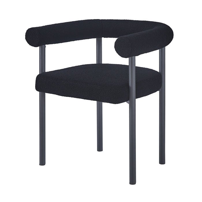 Ohio Curved Boucle Dining Chair Set of 2 in Black, featuring a sleek tubular metal frame and plush black boucle upholstery, with a continuous curved back and armrests for a minimalist look.