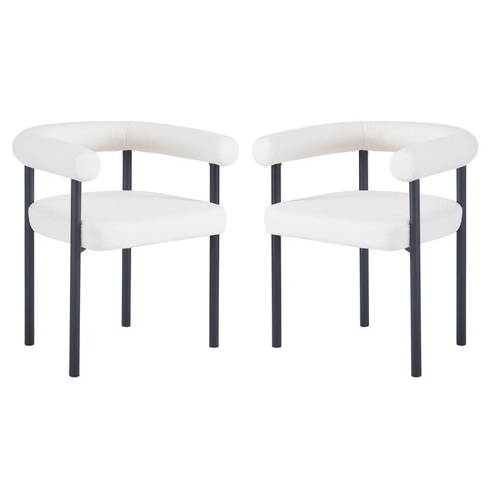 Ohio Curved Boucle Dining Chair Set of 2 in Cream features open-back, white bouclé upholstery, thick padding, and black metal legs, offering a minimalist yet luxurious dining seating solution.