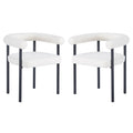 Ohio Curved Boucle Dining Chair Set of 2 in Cream features open-back, white bouclé upholstery, thick padding, and black metal legs, offering a minimalist yet luxurious dining seating solution.