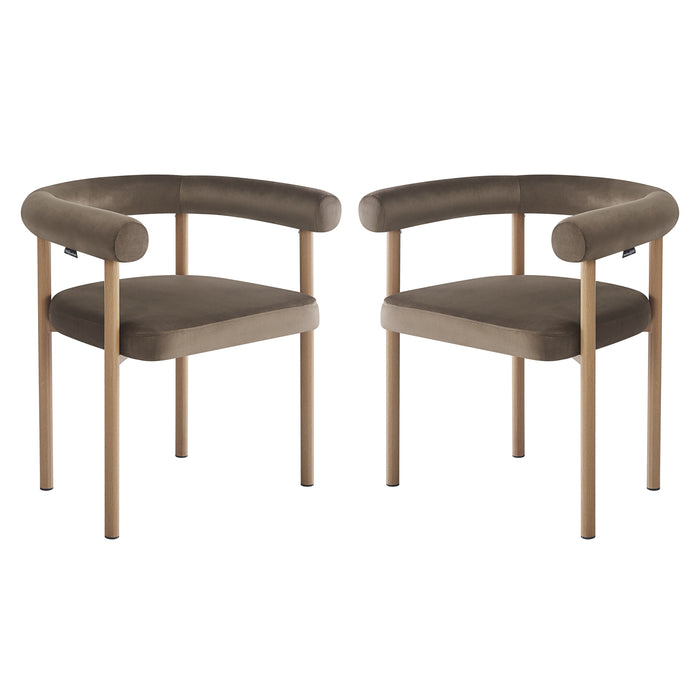 Two Ohio Velvet Dining Chairs with natural legs and espresso brown finish, featuring a minimalist design with curved backrests and padded seats, set against a plain white background.