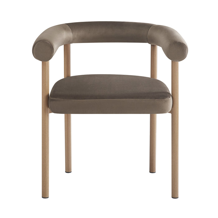 Ohio Velvet Dining Chair w/ Natural Legs Espresso Brown Set of 2 features a modern design with brown-taupe velvet upholstery, curved backrest, and slender wooden legs, adding elegance and comfort to dining spaces.