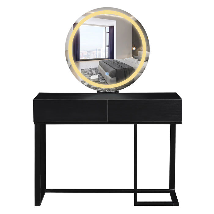 Ophira Dressing Table with Touch Screen Mirror Light – Black, featuring a sleek console with two drawers, angular metal legs, and a large circular mirror with integrated warm LED light ring.