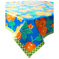 freckled sage oranges blue oilcloth tablecloth with lime green gingham trim