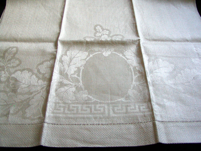 Oversize Antique Damask Acanthus & Greek Key Linen Towels, Pair