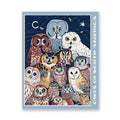 The Owls of North America | 1,000 Piece Jigsaw Puzzle by Bird Collective features North American owls with unique markings against a night sky with moon and stars—ideal for home decor or as an engaging owl-themed puzzle.
