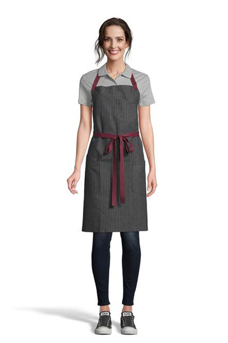 UT Black Collection Pinstripe Denim / Burgundy Rebel Bib Apron (3 Pocket)