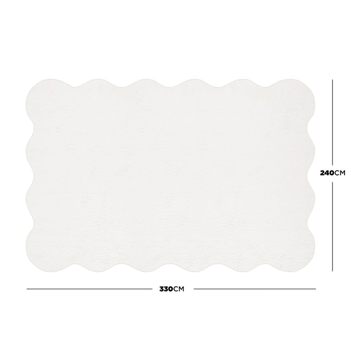 Pixie 240x330cm Large Wavy Shag Rug in Cream White, featuring a scalloped-edge design and plush, high-pile texture for comfort, displayed as a large rectangle with dimensions labeled.