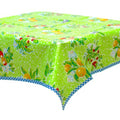freckled sage plum lime green oilcloth tablecloth with blue gingham trim