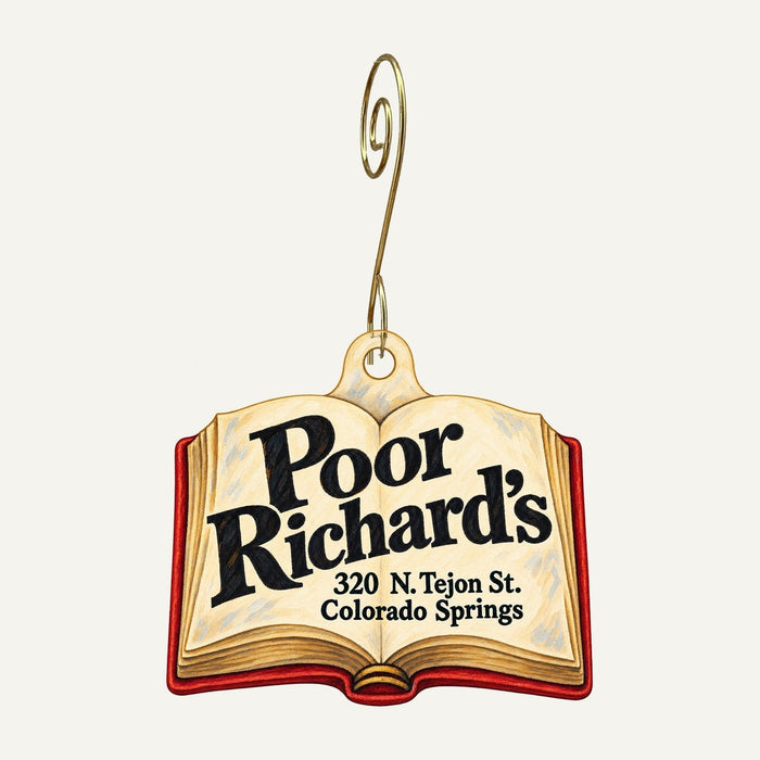 Poor Richard's Book Store Logo custom wood ornament OC107 hanging on hook