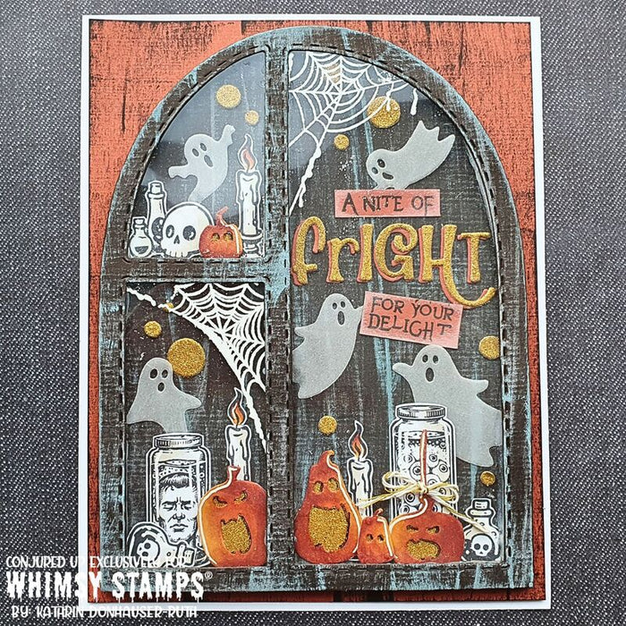 A handmade Halloween card featuring an arched window design with ghosts, pumpkins, cobwebs, candles, and jars on a dark background. The card includes the text 'A Nite of Fright for your delight'.
