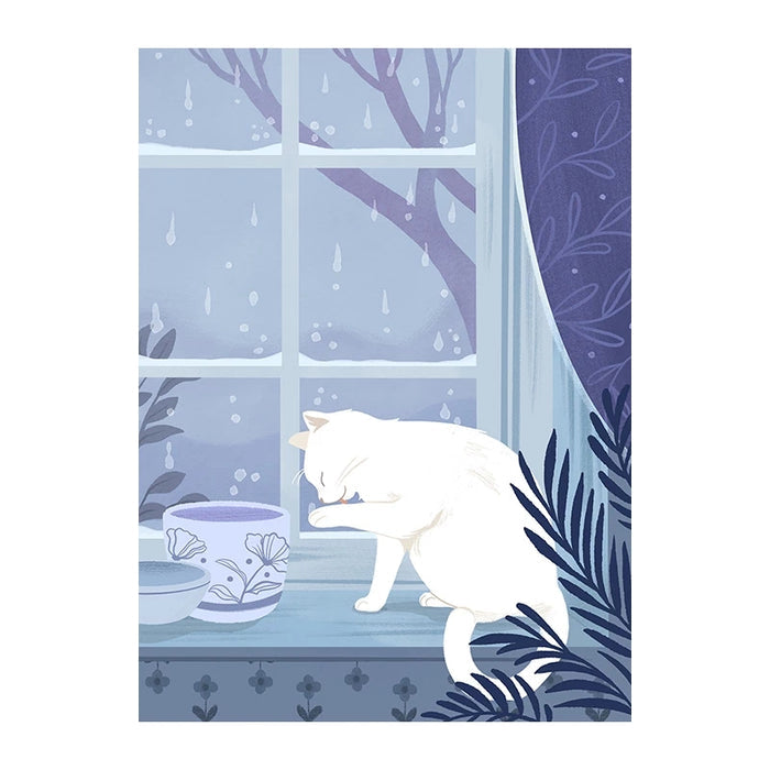 A white cat grooms itself on a windowsill as rain falls outside in Trevell’s Raindrops 99 Piece Jigsaw Puzzle, complete with a potted plant and curtain for extra cozy charm.