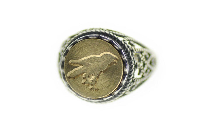 Raven Signet Ring - Backtozero B20 - 12l, 12mm, 12mm ring, accessory, Bird, crow, Fleur de Lis, halloween, her, jewelry, lace, raven, ring, signet ring, size 10, size 7, size 8, size 9, wax seal, wax seal ring, wax seal stamp, Woodland Animal