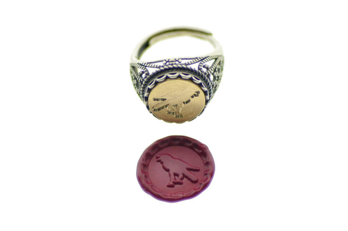 Raven Signet Ring - Backtozero B20 - 12l, 12mm, 12mm ring, accessory, Bird, crow, Fleur de Lis, halloween, her, jewelry, lace, raven, ring, signet ring, size 10, size 7, size 8, size 9, wax seal, wax seal ring, wax seal stamp, Woodland Animal