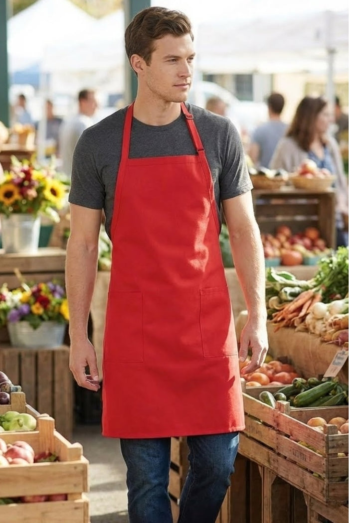 Fame Red Bib Adjustable Apron (2-Patch Pockets)