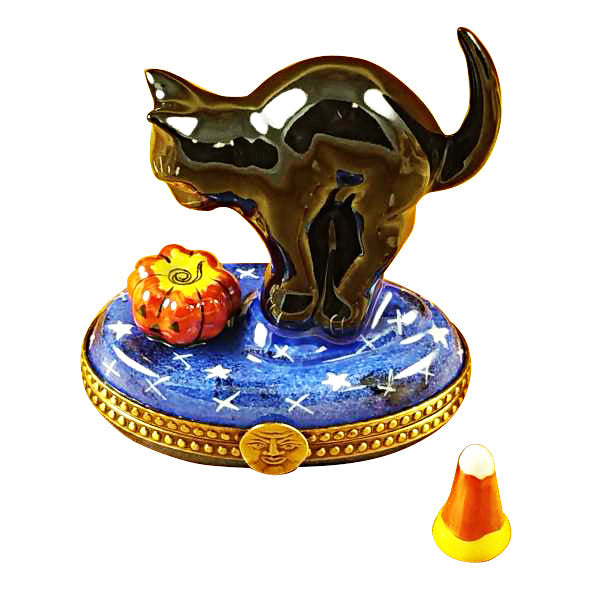 Black Cat Pumpkin Candy Corn Décor Porcelain Limoges Cat halloween French Trinket Box