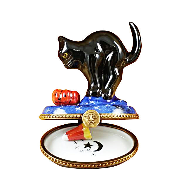 Black Cat Pumpkin Candy Corn Décor Porcelain Limoges Cat halloween French Trinket Box