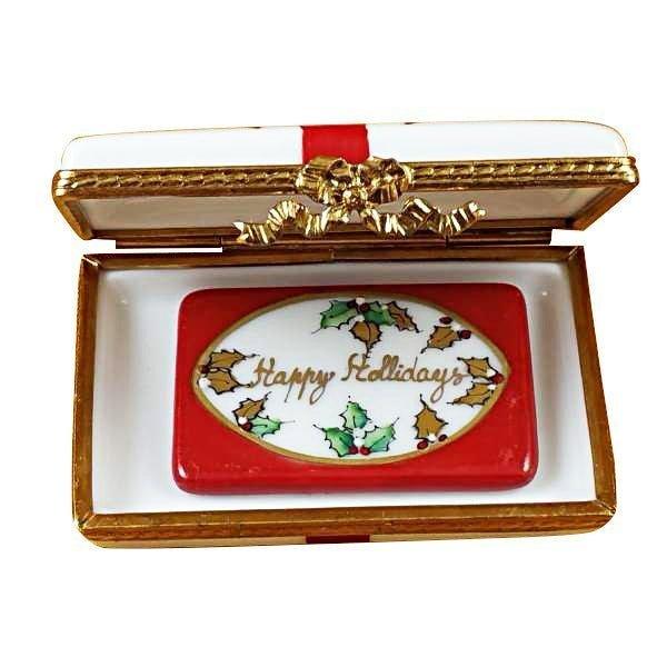 Gift with Red Bow - Happy Holidays Porcelain Limoges xmas theme French Trinket Box