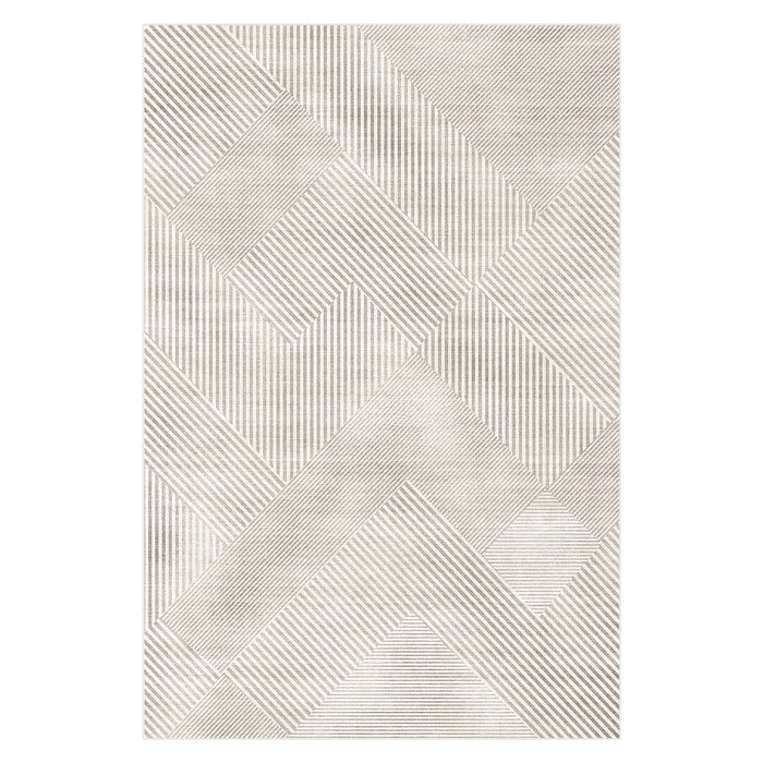 Rosson 200x300cm Large Modern Abstract Indoor Rug featuring a patchwork of geometric patterns with narrow, differently oriented stripes, showcasing rectangles, parallelograms, and triangles in a neutral beige palette.