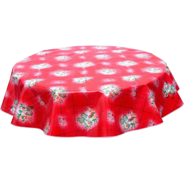 freckled sage round bows and bouquet red oilcloth tablecloth