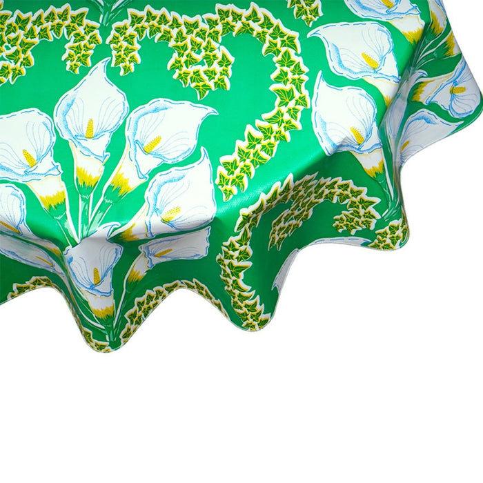 freckled sage round calla lily green oilcloth tablecloth