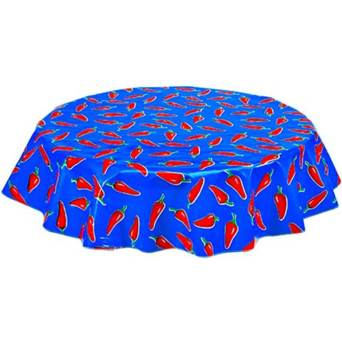 freckled sage round chili peppers on blue oilcloth tablecloth