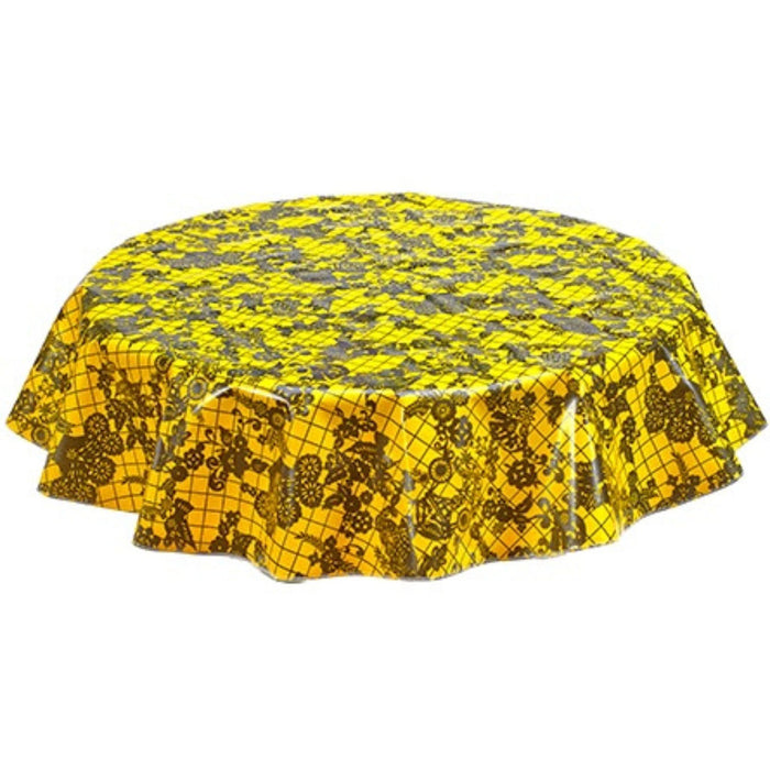 freckled sage round day of the dead black on yellow oilcloth tablecloth
