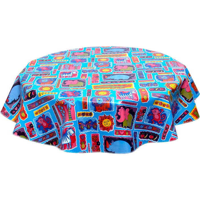 freckled sage round menagerie light blue oilcloth tablecloth