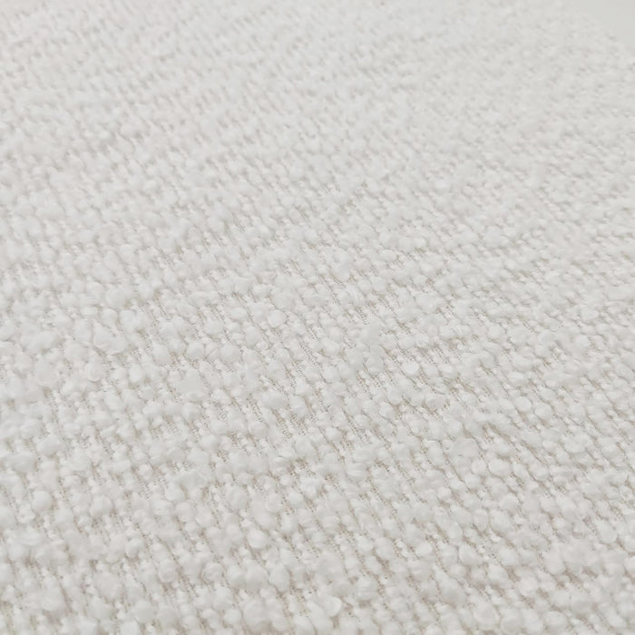 Close-up of the Sadi Bouclé Fabric Round Mushroom Ottoman in Eggshell White, showcasing its textured loop-pile surface and soft, rounded modern design, highlighting the plush and stylish bouclé fabric.