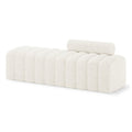 Sasa Bouclé Tufted Fabric Bench with Backrest in off-white bouclé fabric, featuring rounded modules, a tufted minimalist design, cylindrical bolster pillow, and ribbed contours for a modern, elegant look.