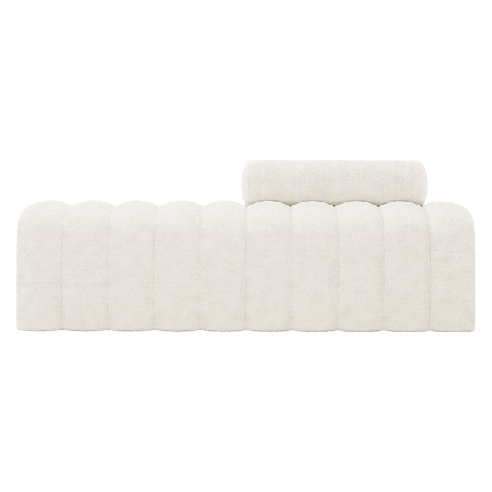 Sasa Bouclé Tufted Fabric Bench with Backrest - Eggshell White, featuring a light-cream bouclé upholstery, rounded tube cushions, and a cylindrical backrest, ideal for modern interiors.
