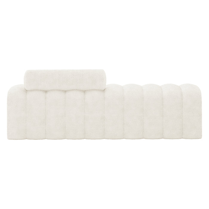 Sasa Bouclé Tufted Fabric Bench with Backrest in eggshell white features a modern design with vertical channel tufting and a removable cylindrical bolster cushion, ideal for contemporary interiors.