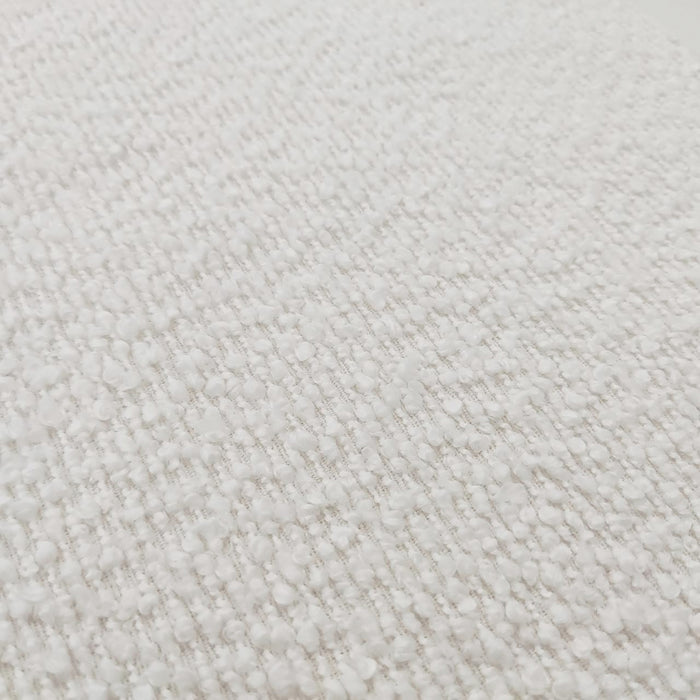 Close-up of the Sasa Bouclé Tufted Fabric Bench with Backrest - Eggshell White, showcasing its plush, loop-pile textile surface, highlighting the softness and textured elegance of the bouclé fabric.